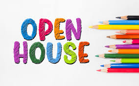 The words 'Open House' on the left with colored pencils on the right.